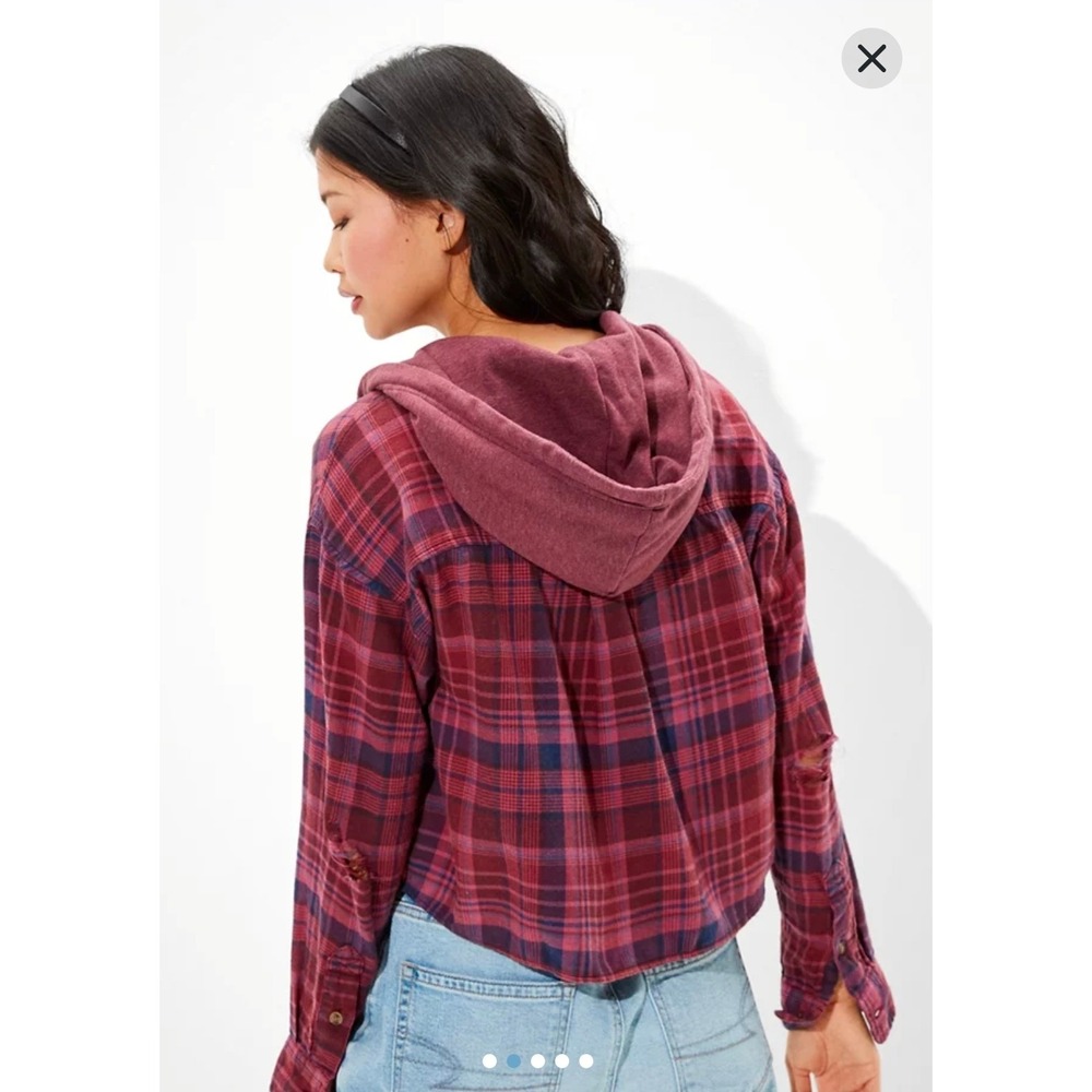 American Eagle Hooded Flannel Women XL Burgundy Plaid Good Distressed Cropped